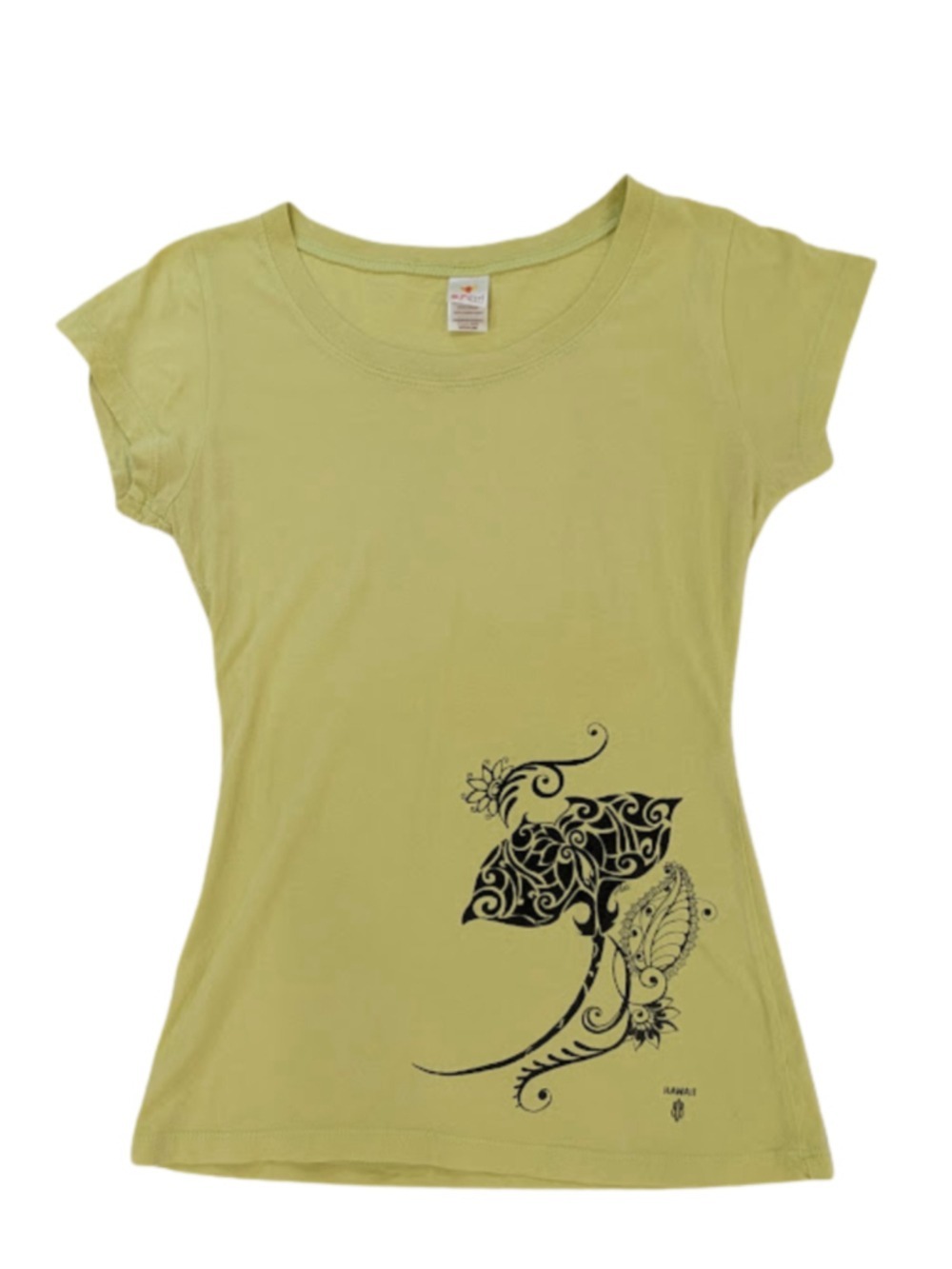 Sun Girl Graphic T Shirt M Y2K Boho Tattoo Tribal Floral Yellow Green Tee